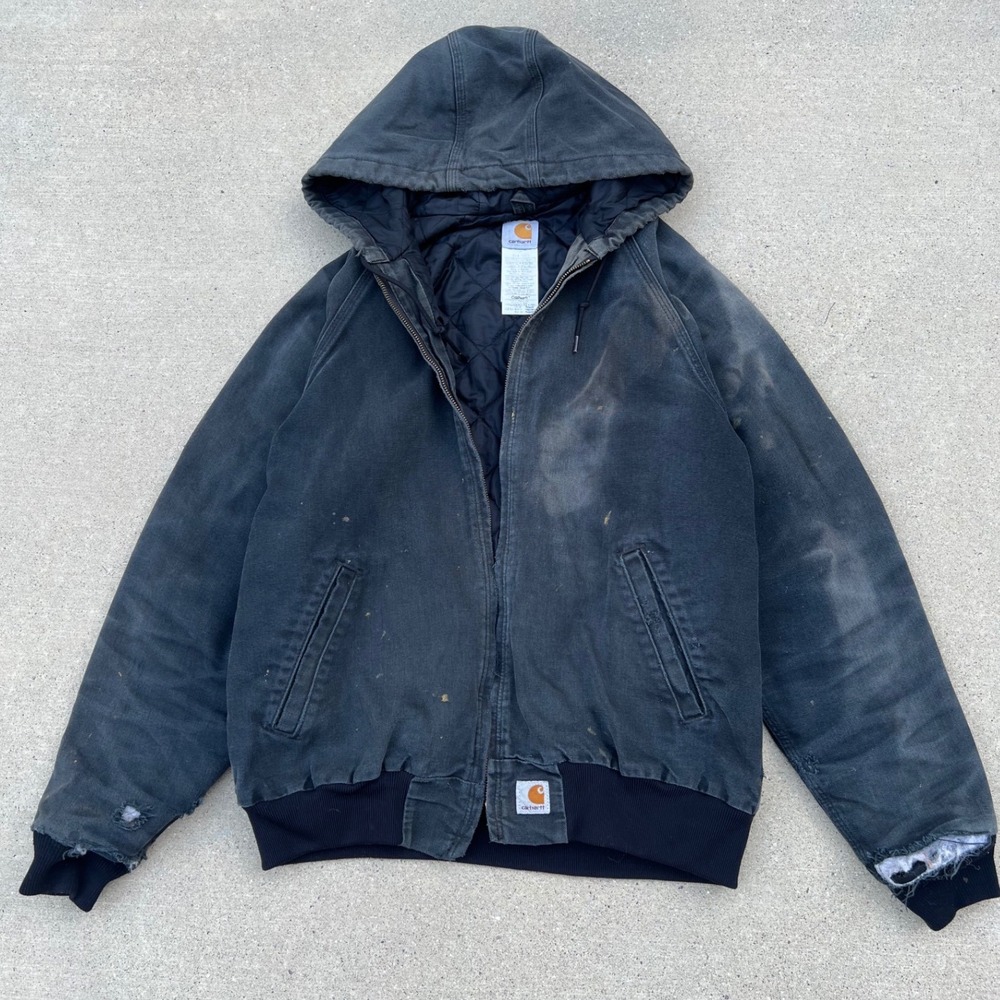 Carhartt Active Jacket Mens Large J130 BLK Distressed Black Duck Canvas Hooded